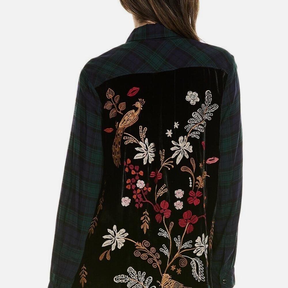 Johnny Was Zuzu Velvet Back Silk-Blend Oversized Shirt Women's Green S